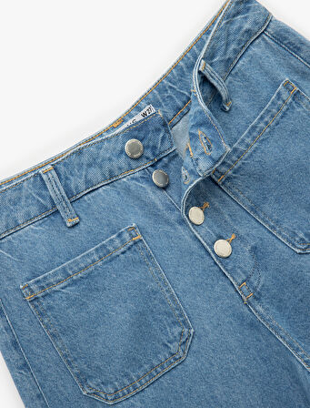 Normal Paça Düğmeli Yüksek Bel Pamuklu Geniş Paça Crop Jean Pantolon - Wide Leg Jeans