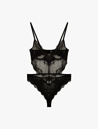 V Yaka Askılı Dantelli Bodysuit
