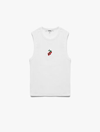 Pamuklu Slim Fit Bisiklet Yaka Domates Nakış Detaylı Kolsuz Tişört