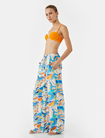 Keten Karışımlı Desenli Bol Paça Pantolon