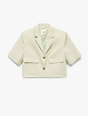 Cepli Düğmeli Kısa Kollu Astarlı Keten Crop Blazer Ceket