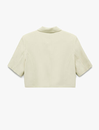 Cepli Düğmeli Kısa Kollu Astarlı Keten Crop Blazer Ceket