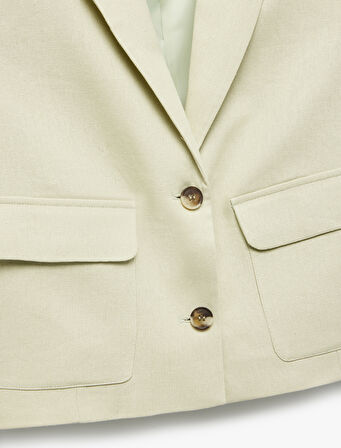 Cepli Düğmeli Kısa Kollu Astarlı Keten Crop Blazer Ceket