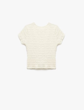Slim Fit Kısa Kollu Boncuk Detaylı Bürümcük Kumaş Dokulu Tişört