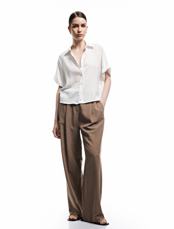 Aerobin Kumaş Kısa Kollu Klasik Yaka Saten Oversize Gömlek