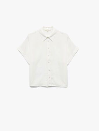 Aerobin Kumaş Kısa Kollu Klasik Yaka Saten Oversize Gömlek