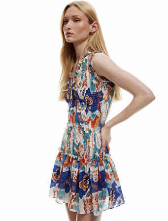 Etnik Desenli Bağlamalı Yaka Kolsuz Gipeli Fırfırlı Mini Elbise