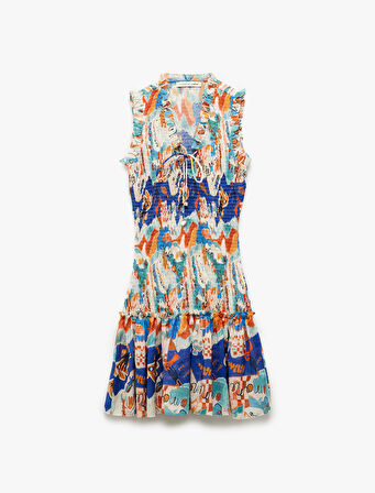 Etnik Desenli Bağlamalı Yaka Kolsuz Gipeli Fırfırlı Mini Elbise