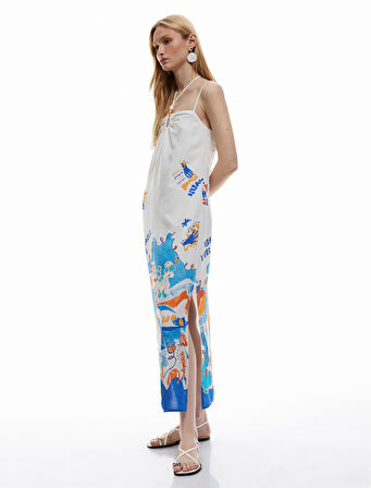 Kolsuz Boyundan Bağlama Detaylı Yırtmaçlı Desenli İnce Askılı Midi Elbise