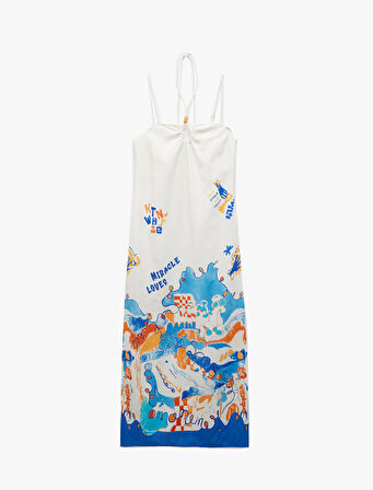 Kolsuz Boyundan Bağlama Detaylı Yırtmaçlı Desenli İnce Askılı Midi Elbise