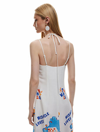 Kolsuz Boyundan Bağlama Detaylı Yırtmaçlı Desenli İnce Askılı Midi Elbise