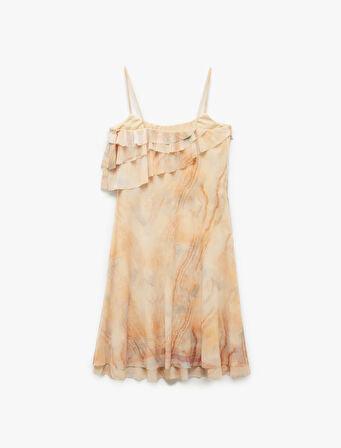 Batik Desenli İnce Askılı Fırfırlı Şifon Mini Elbise