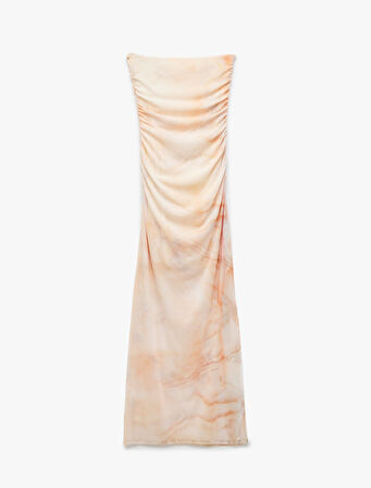 Drape Detaylı Astarlı Soyut Desenli Slim Fit Uzun Straplez Elbise