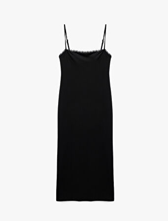 Slim Fit Dantel Detaylı Uzun İnce Askılı Penye Elbise