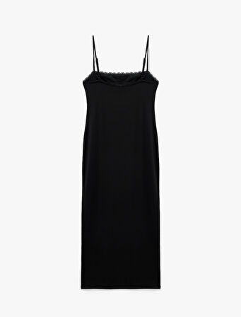 Slim Fit Dantel Detaylı Uzun İnce Askılı Penye Elbise