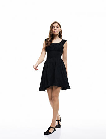 Fırfır Yaka Detaylı Kolsuz Gipeli Poplin Mini Elbise