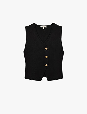 V Yaka Kolsuz Gold Düğmeli Triko Yelek