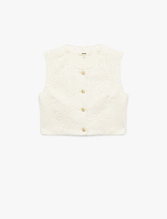 Slim Fit Kolsuz Bisiklet Yaka Düğmeli Floral Dokulu Yelek