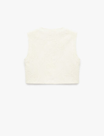 Slim Fit Kolsuz Bisiklet Yaka Düğmeli Floral Dokulu Yelek