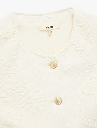 Slim Fit Kolsuz Bisiklet Yaka Düğmeli Floral Dokulu Yelek