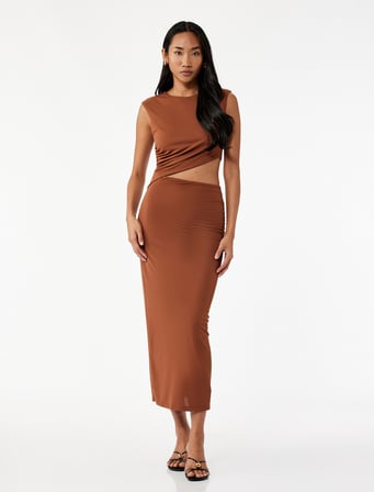 Kolsuz Drapeli Pencere Detaylı Bisiklet Yaka Uzun Bodycon Elbise