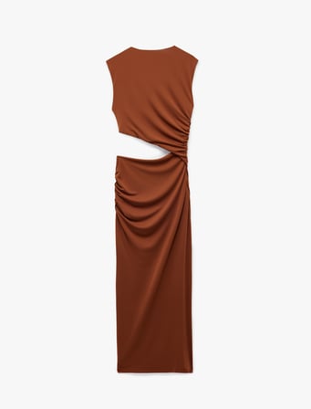 Kolsuz Drapeli Pencere Detaylı Bisiklet Yaka Uzun Bodycon Elbise