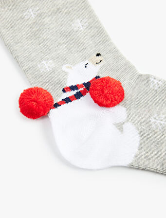 Yılbaşı Temalı Ponpon Detaylı Soket Çorap