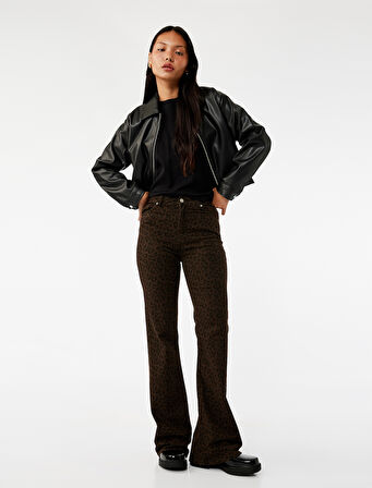 Yüksek Bel Dar Kesim İspanyol Paça Leopar Pantolon - Flare Jeans