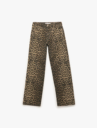 Pamuklu Taş Detaylı Düğmeli Cepli Leopar Desenli Jean Pantolon - Longer Straight Jean