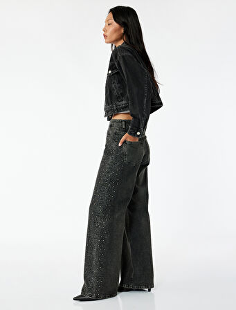 Pamuklu Düğmeli Geniş Paça Taş Detaylı Jean Pantolon -  Wide Leg Jeans