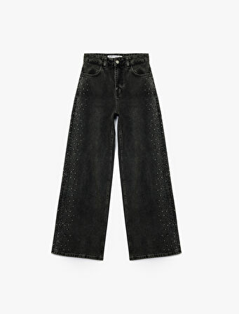 Pamuklu Düğmeli Geniş Paça Taş Detaylı Jean Pantolon -  Wide Leg Jeans
