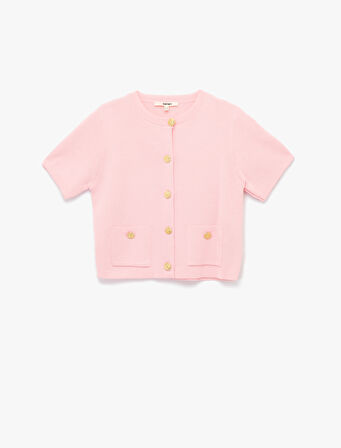 Düğmeli Kısa Kollu Bisiklet Yaka Cep Detaylı Triko Hırka