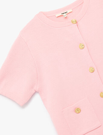 Düğmeli Kısa Kollu Bisiklet Yaka Cep Detaylı Triko Hırka