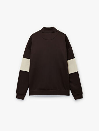 Uzun Kollu Baskılı Oversize Renk Bloklu Yarım Fermuarlı Sweatshirt