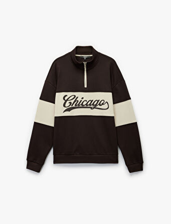 Uzun Kollu Baskılı Oversize Renk Bloklu Yarım Fermuarlı Sweatshirt