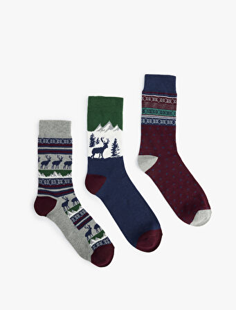 Çok Renkli Yılbaşı Temalı Pamuklu 3'lü Soket Çorap Seti
