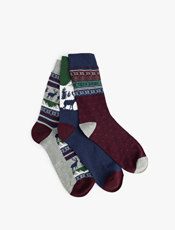 Çok Renkli Yılbaşı Temalı Pamuklu 3'lü Soket Çorap Seti
