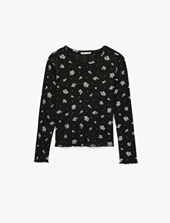 Pamuklu Uzun Kollu Yuvarlak Yaka Çiçekli Pijama Üstü