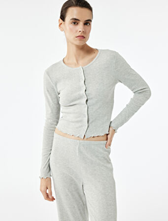 Uzun Kollu Düğmeli Bisiklet Yaka Örme Dokulu Pijama Üstü