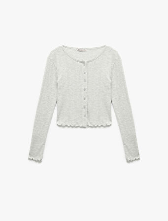 Uzun Kollu Düğmeli Bisiklet Yaka Örme Dokulu Pijama Üstü