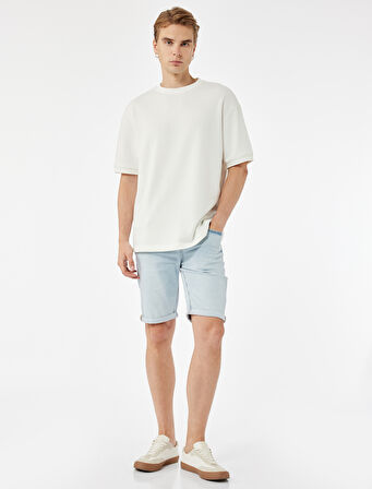 Katlamalı Paça Cep Detaylı Pamuklu Slim Fit Jean Şort