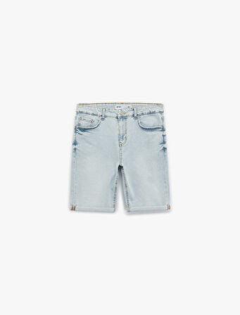 Katlamalı Paça Cep Detaylı Pamuklu Slim Fit Jean Şort