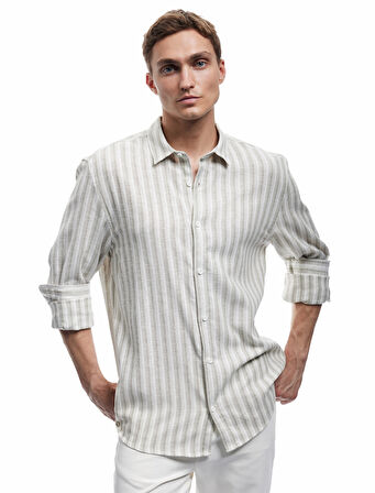 Keten Viskon Karışımlı Regular Fit Klasik Yaka Uzun Kollu Çizgili Gömlek