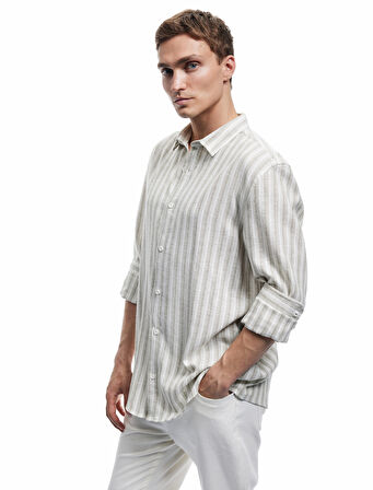 Keten Viskon Karışımlı Regular Fit Klasik Yaka Uzun Kollu Çizgili Gömlek
