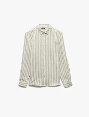 Keten Viskon Karışımlı Regular Fit Klasik Yaka Uzun Kollu Çizgili Gömlek