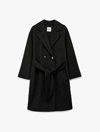 Kuşak Detaylı Düğmeli Kruvaze Uzun Kollu Kaşe Kaban