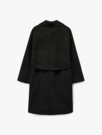 Kuşak Detaylı Düğmeli Kruvaze Uzun Kollu Kaşe Kaban