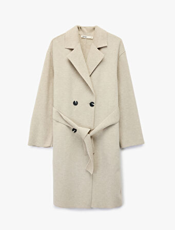 Kuşak Detaylı Düğmeli Kruvaze Uzun Kollu Kaşe Kaban