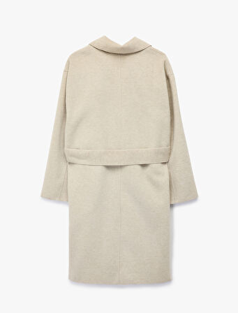 Kuşak Detaylı Düğmeli Kruvaze Uzun Kollu Kaşe Kaban