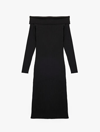 Uzun Kollu Omzu Açık Uzun Triko Elbise